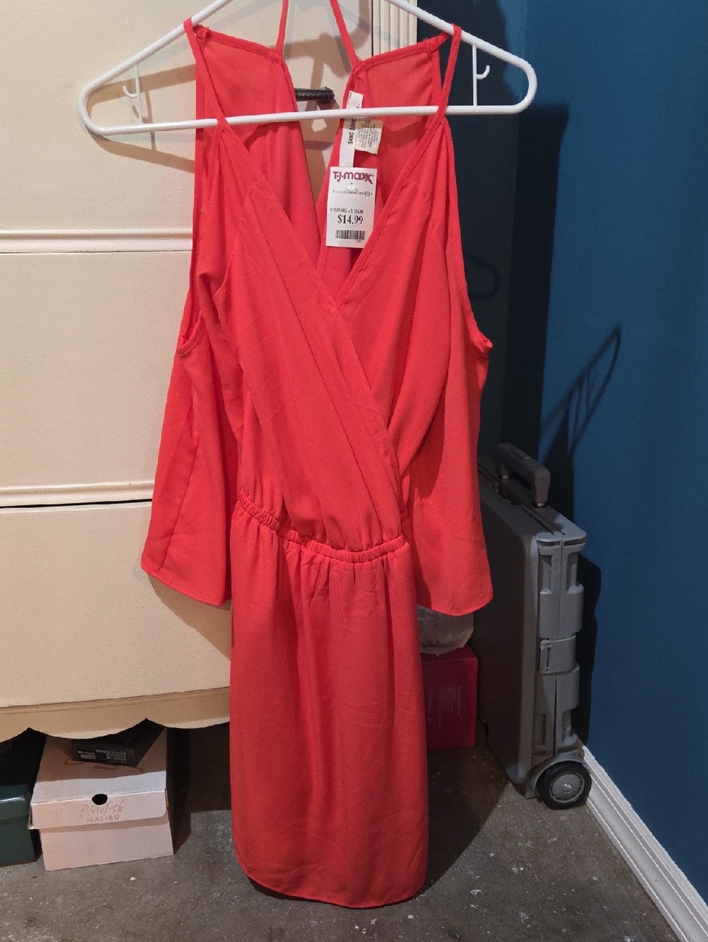 Sans Souci Coral Red Cold-Shoulder Wrap Dress